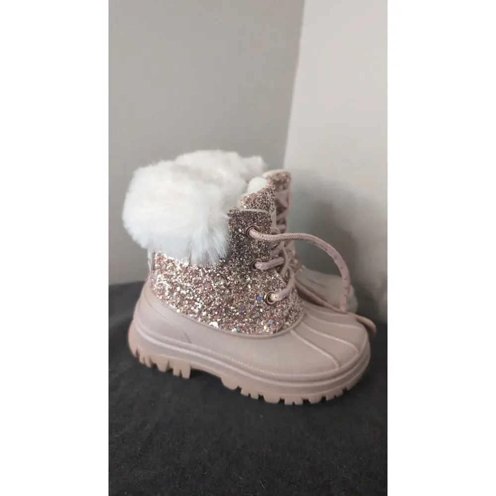 London Fog Girls Pink Glitter Faux Fur Snow Boots Size 8